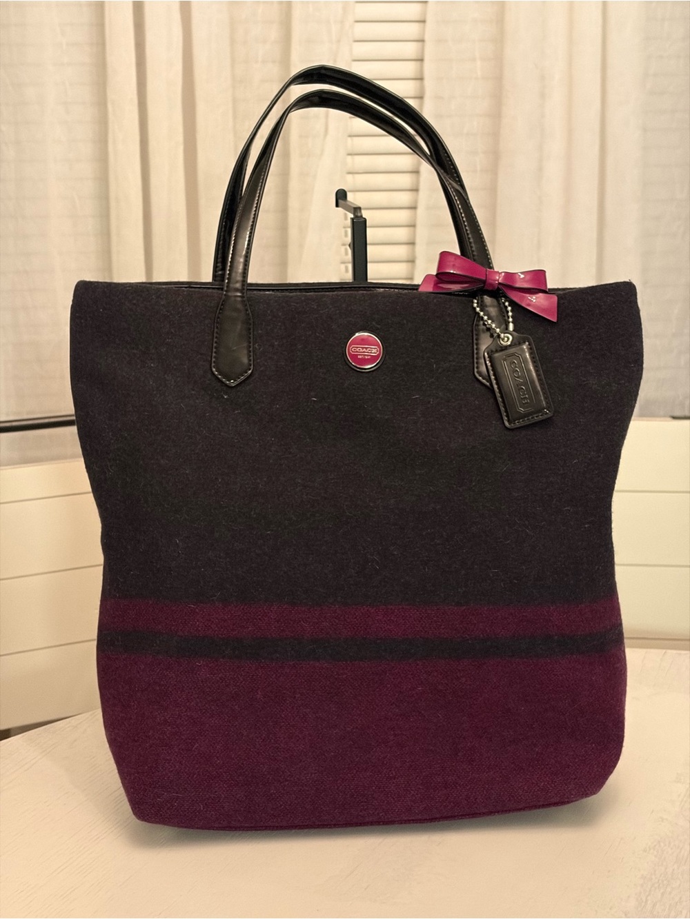 Coach Black and Berry Wool Tote with Leather Handles and Bow Charm. 11.5 x 23.5